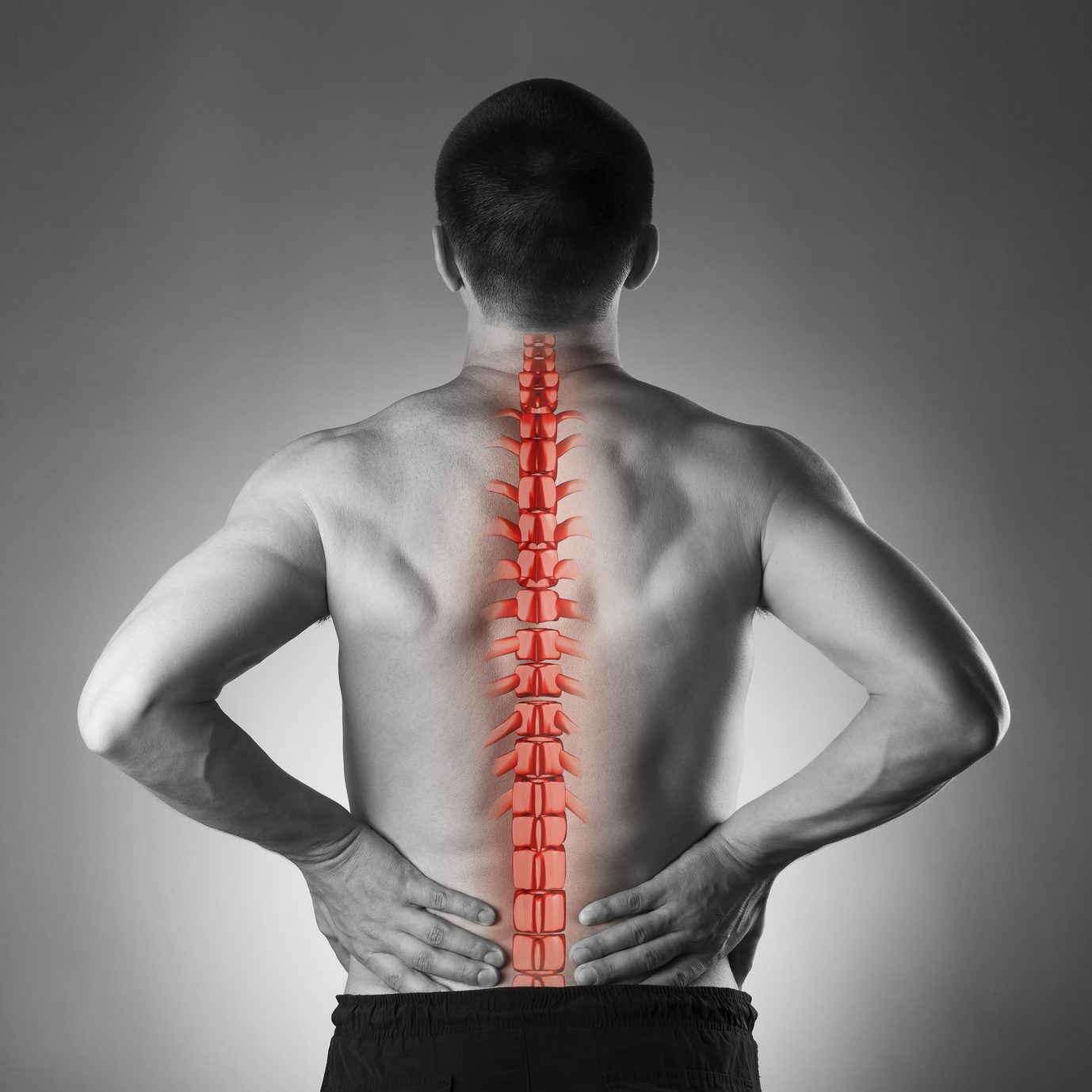 Spine pain, man with backache and ache in the neck, black and white photo with red backbone